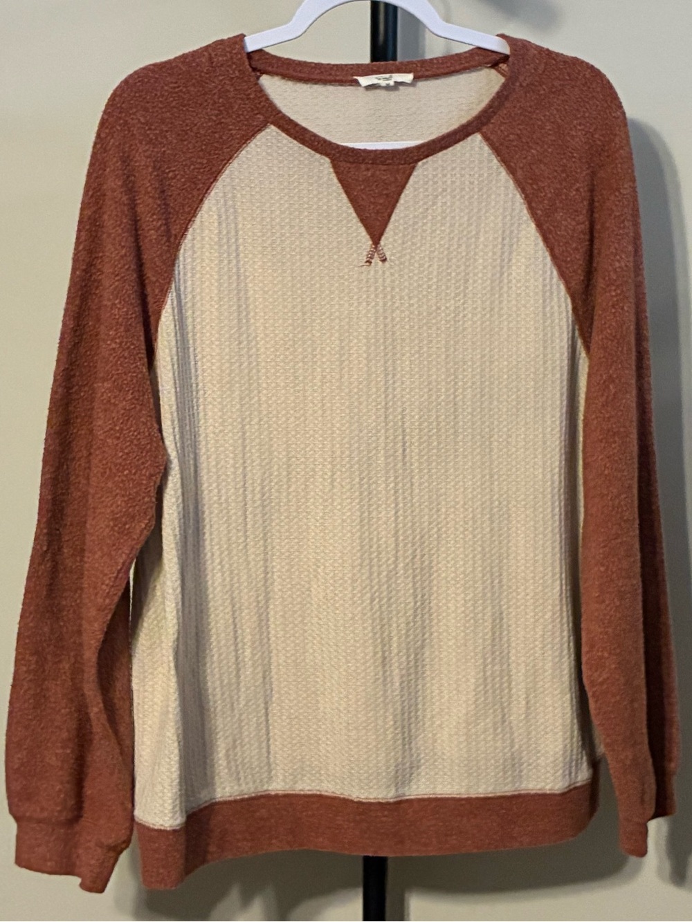 easel Two-Tone Crewneck Sweater in Cream & Rust Waffle Knit & Fleece